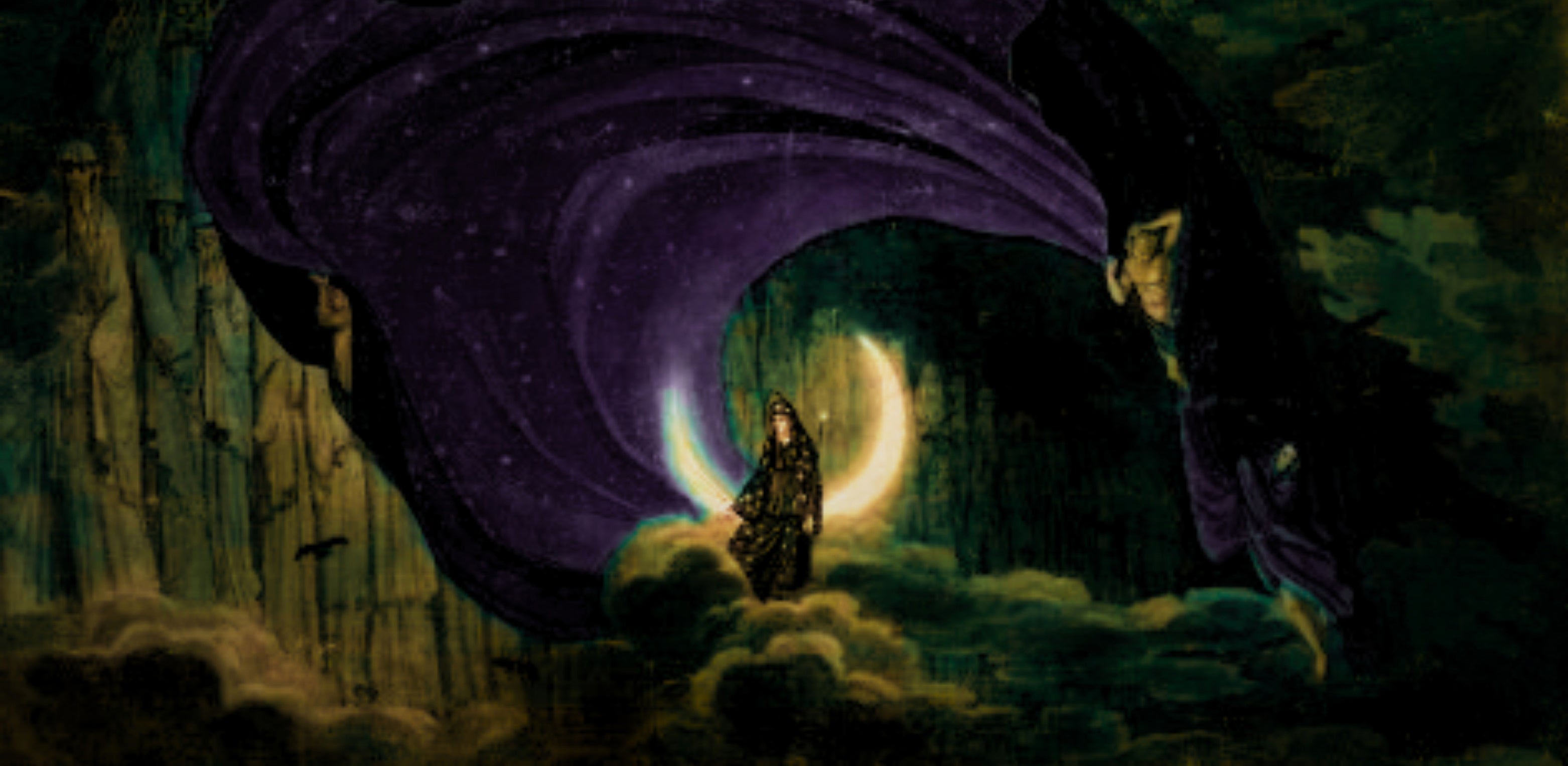 Mystical scene with a person standing in a glowing circle, surrounded by dark, otherworldly landscape.