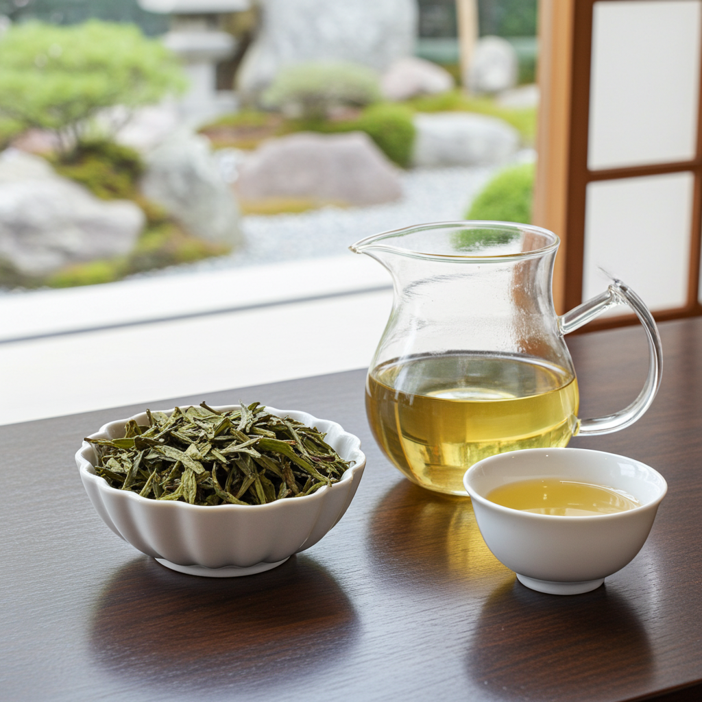 Tea-making setup with green tea leaves in a bowl, glass teapot, and white cup on a wooden table.