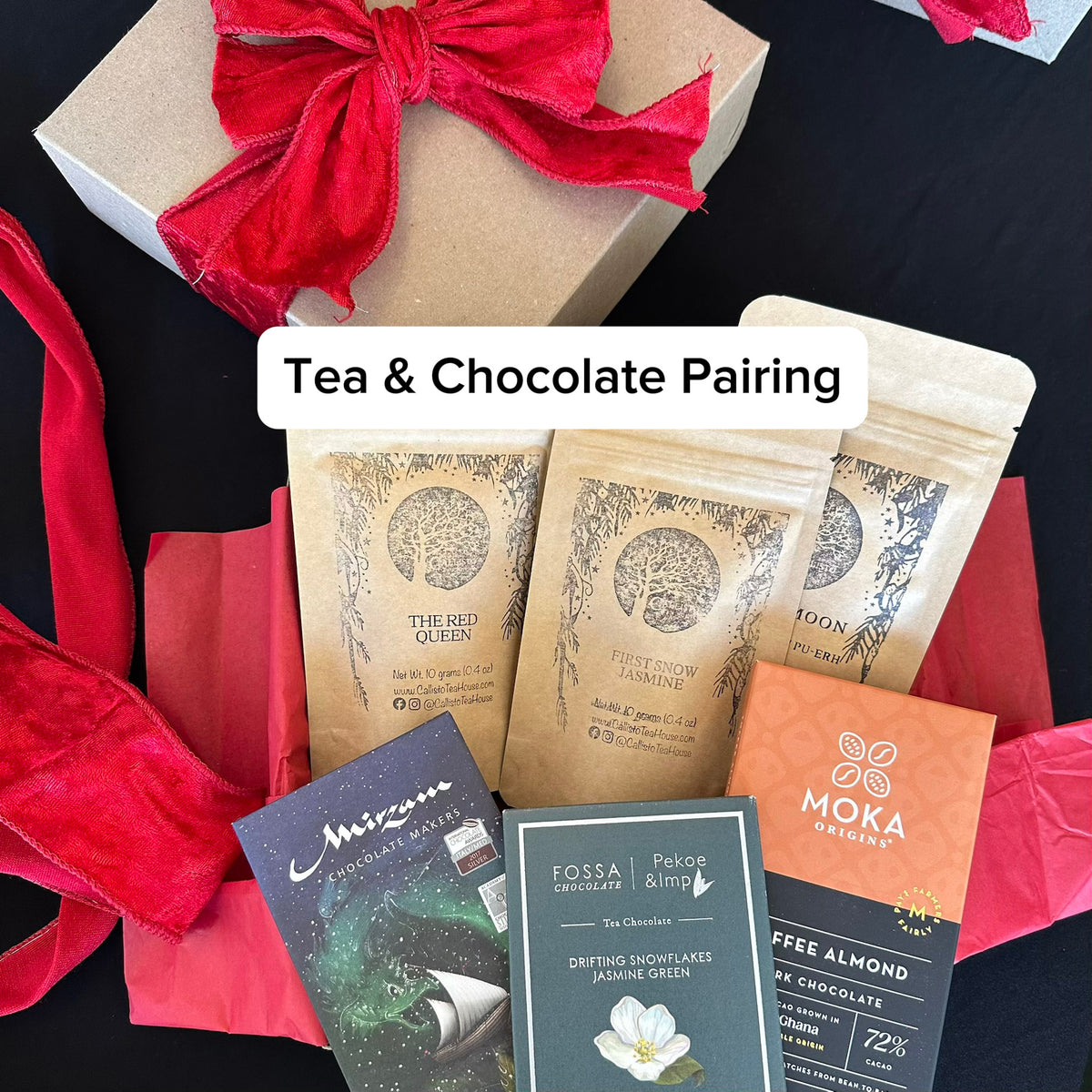 Tea and chocolate packages overlaid with the text "Tea & Chocolate Pairing"