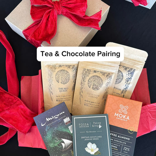 Tea and chocolate packages overlaid with the text "Tea & Chocolate Pairing"