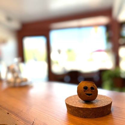 A small dried lemon with a carved happy face sits on a round cork coaster on a wooden table, with a blurred indoor background.