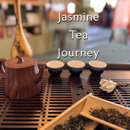 Tea tray with pot, leaves, and cup, overlaid with the words "Jasmine Tea Journey"