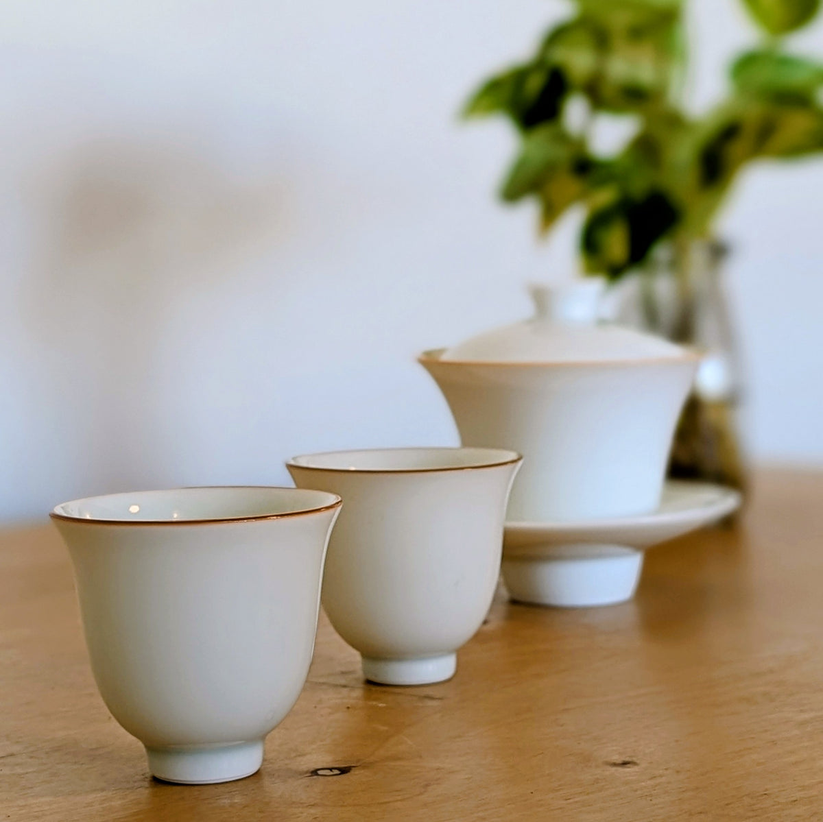 Two white ceramic tea cups with red-trimmed rims arranged on a wooden table, with a matching lidded gaiwan and saucer in the soft-focus background next to a blurred green plant.