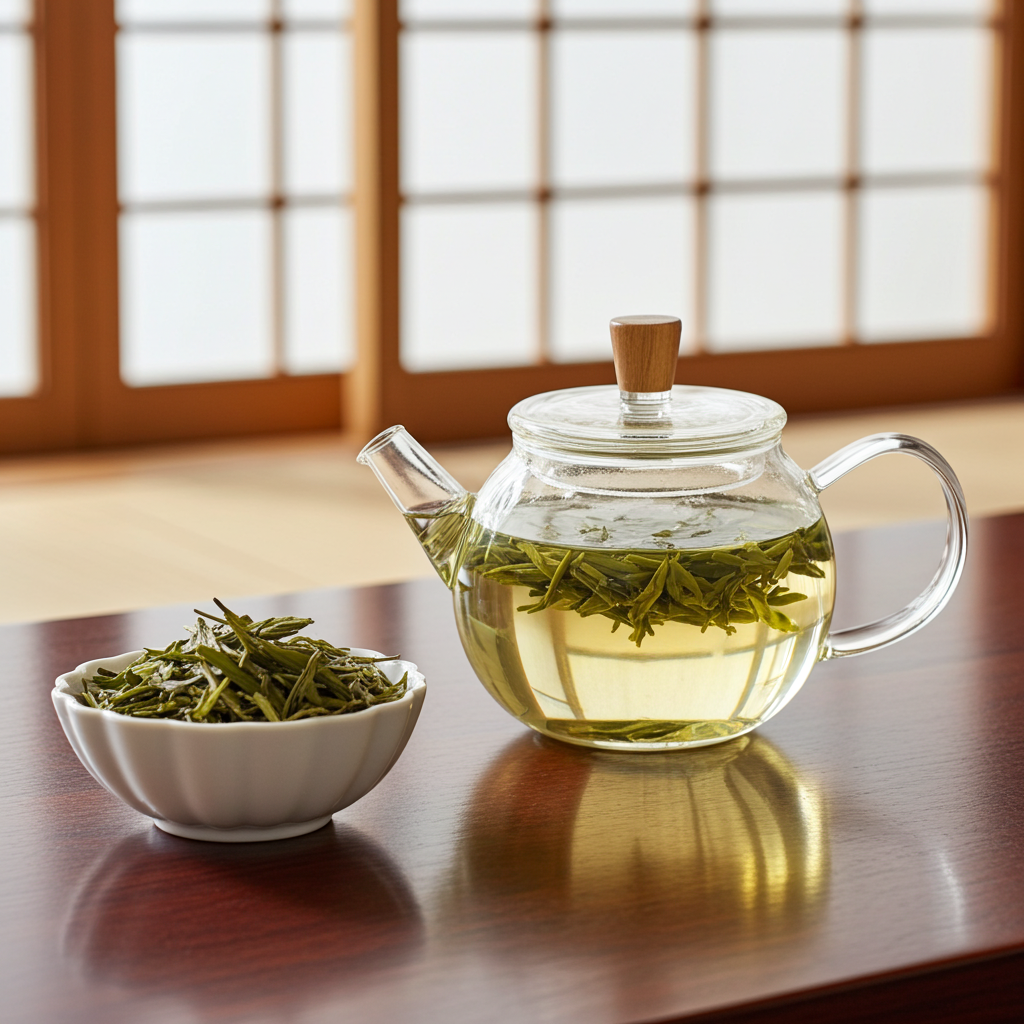 Clear glass teapot with green tea leaves and a bowl of green tea leaves on a wooden table.