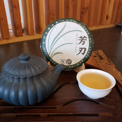 A round cake of raw Pu-erh tea with Chinese characters on the wrapper and green grass brush stroke design stands behind a blue clay teapot and a small white cup of brewed tea on a wooden tray.